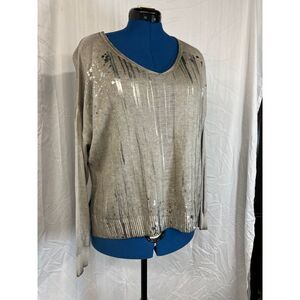 Metallic Silver Sequined Long Sleeve Evening Party Blouse Cocktail Top